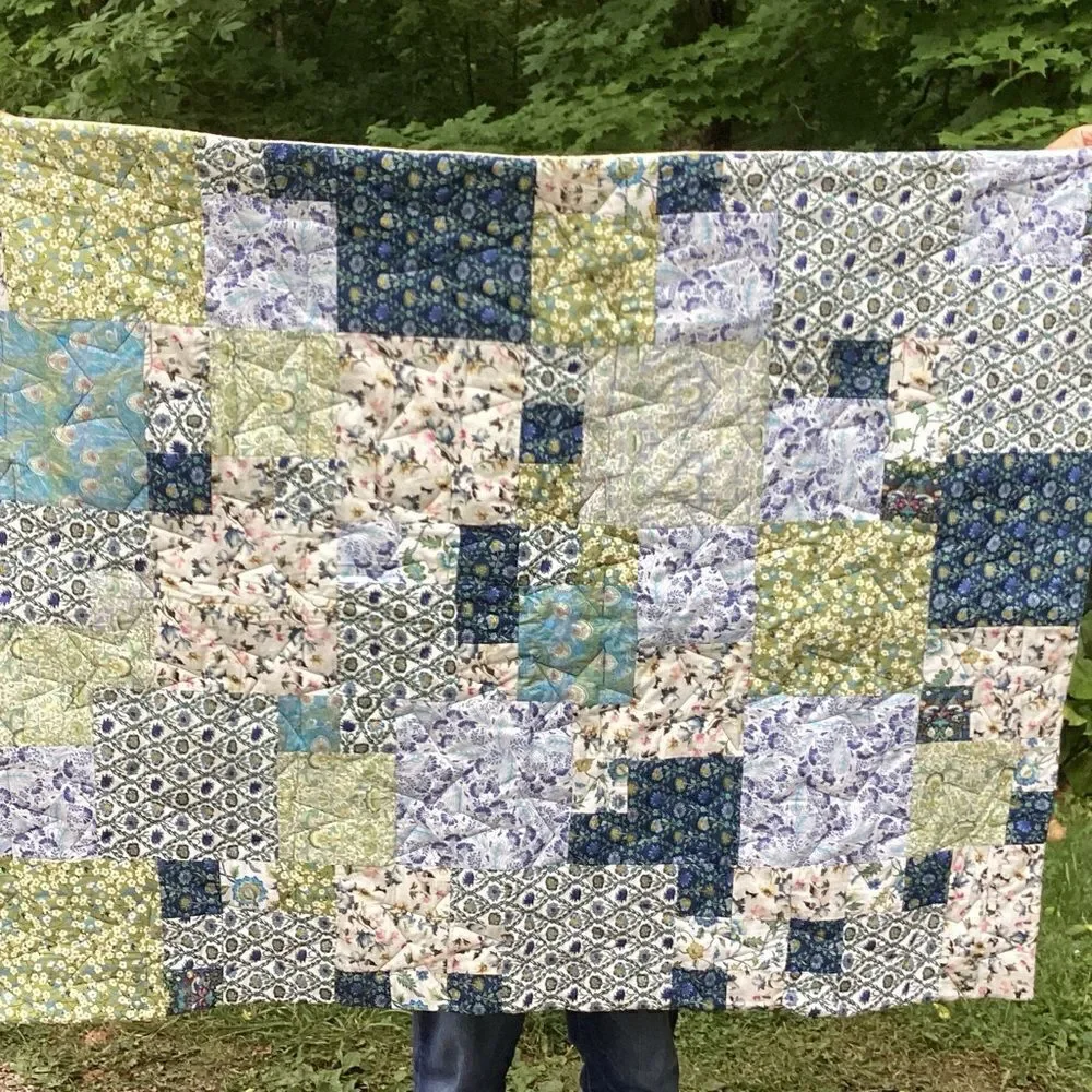 NWT. Hand Crafted Blues and Green Liberty Lawn Fabrics Garden Quilt with Stars